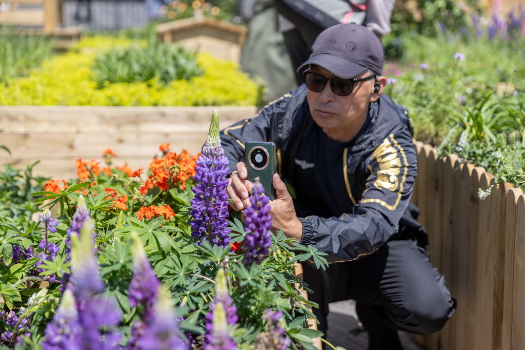 4月18日，一名參觀者在徐匯濱江主會場拍攝展出的鮮花。