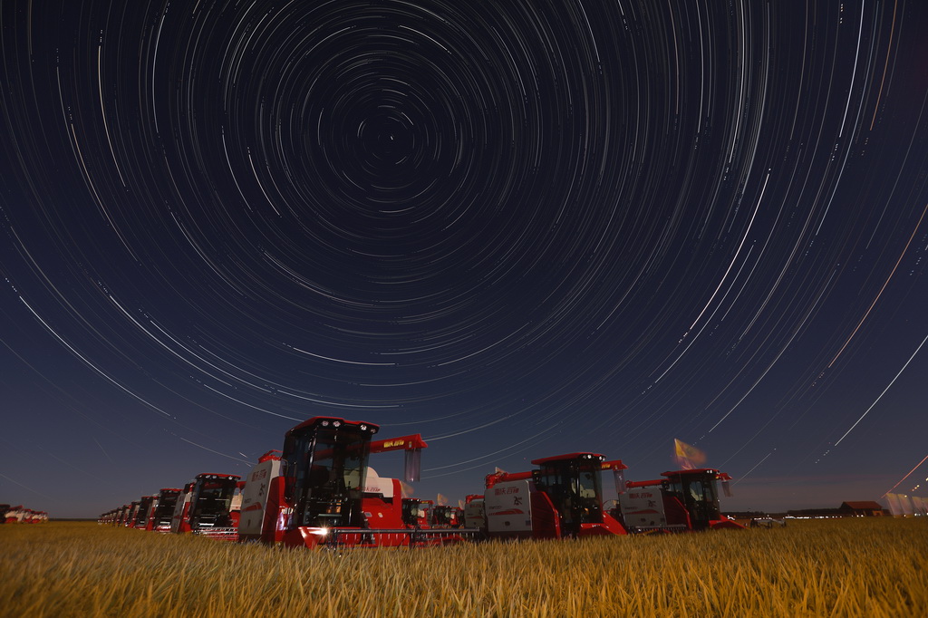 9月18日在北大荒集團黑龍江七星農場有限公司拍攝的星空下的稻田中的收割機（堆棧合成照片）。新華社發（黨愛河攝）