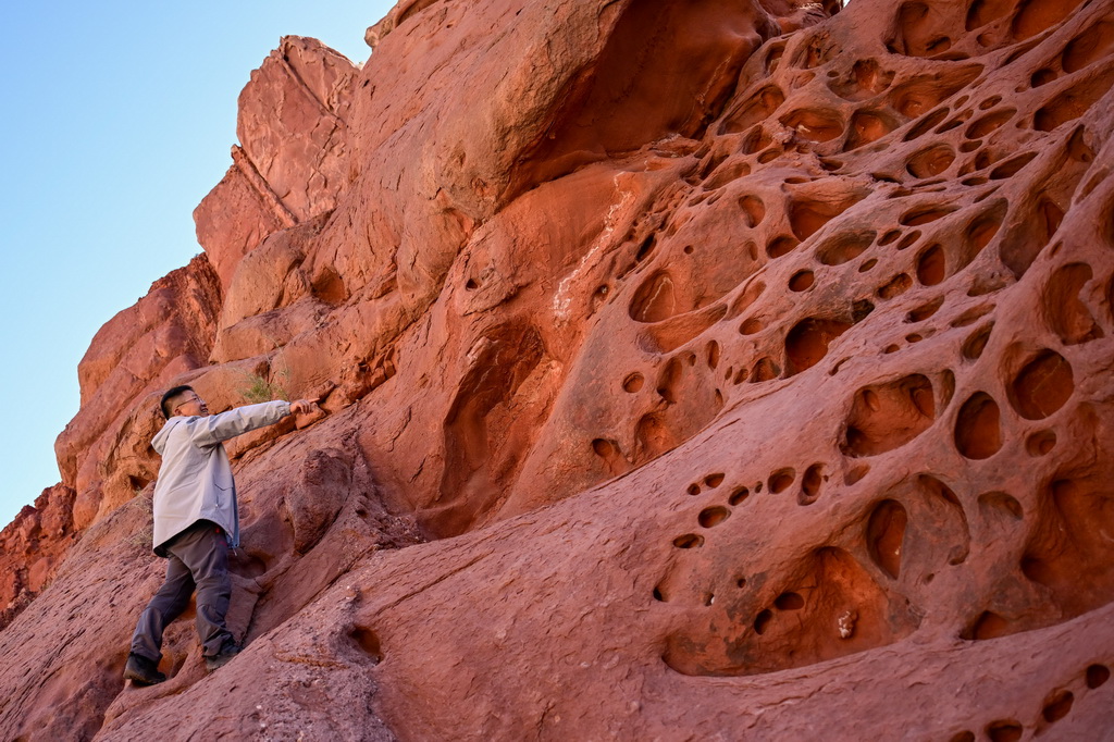 在新疆克孜勒蘇柯爾克孜自治州阿克陶縣布倫口鄉一處峽谷，中國社會科學院地質與地球物理研究所副研究員唐自華在查看巖體（10月19日攝）。