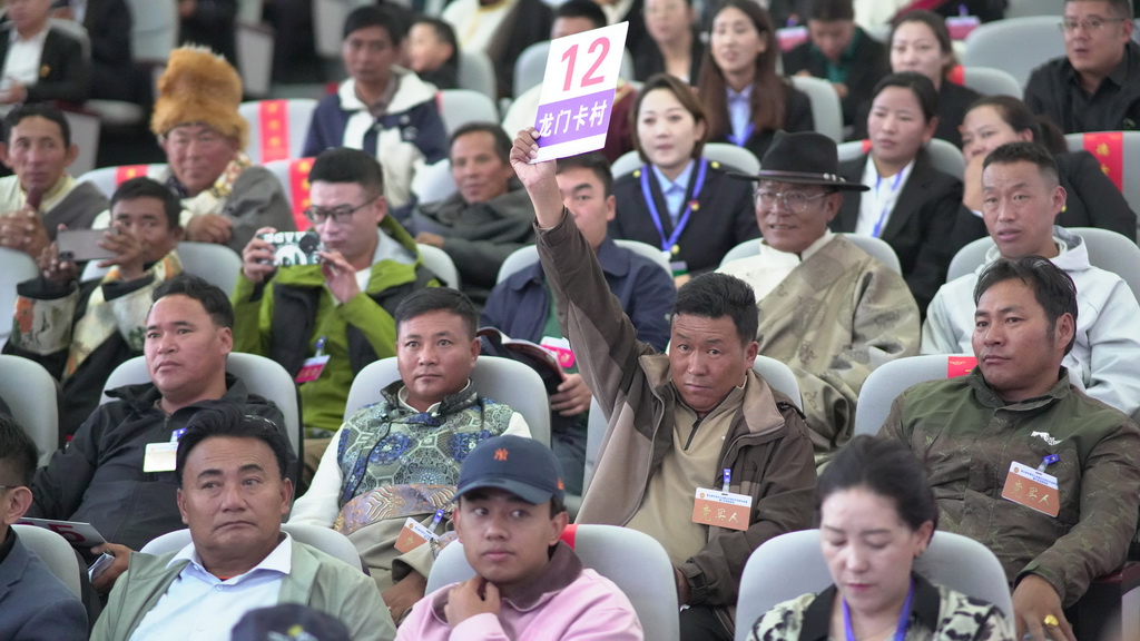 這是2024年日土縣優質種公羊拍賣會的舉牌場景（8月30日攝）。優質種羊能帶來更高的收入，日土縣牧民踴躍參加拍賣會。新華社發