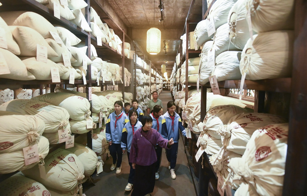 在梧州市蒼梧縣六堡鎮黑石山茶廠，六堡茶制作技藝非遺傳承人韋潔群（前）向塘平小學學生講解六堡茶知識（12月3日攝）。