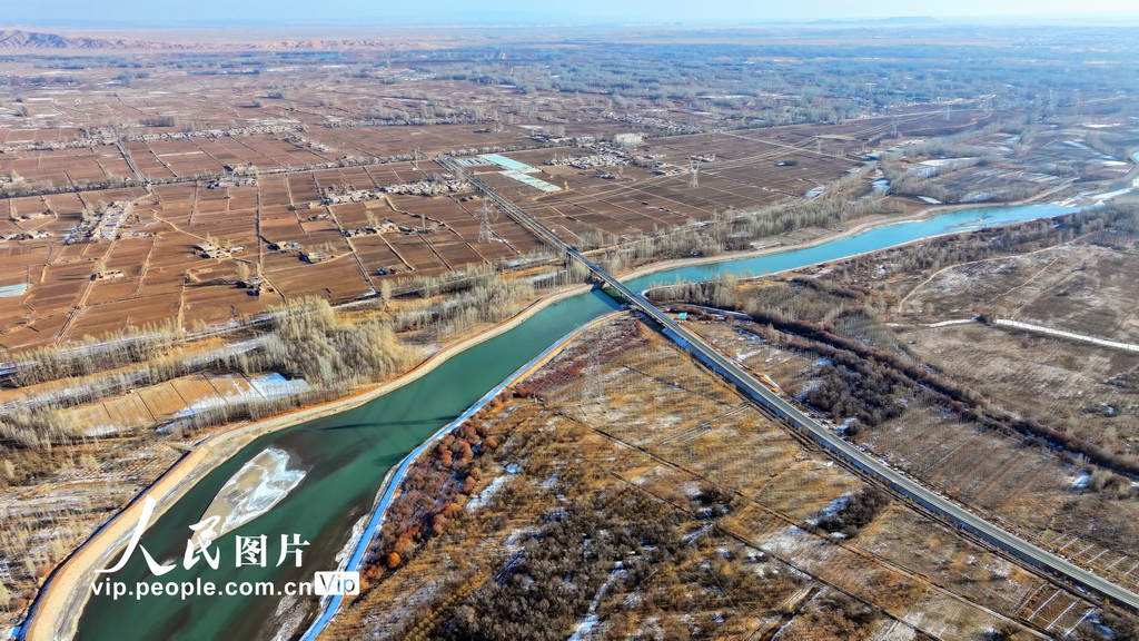 2024年12月26日拍攝的甘肅省臨澤縣板橋鎮境內的黑河兩岸風光。