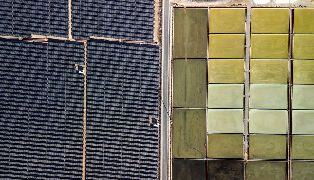 1月8日拍攝的位于山東省萊州市的中廣核萊州土山600兆瓦鹽光互補項目和附近的鹽田（無人機照片）。