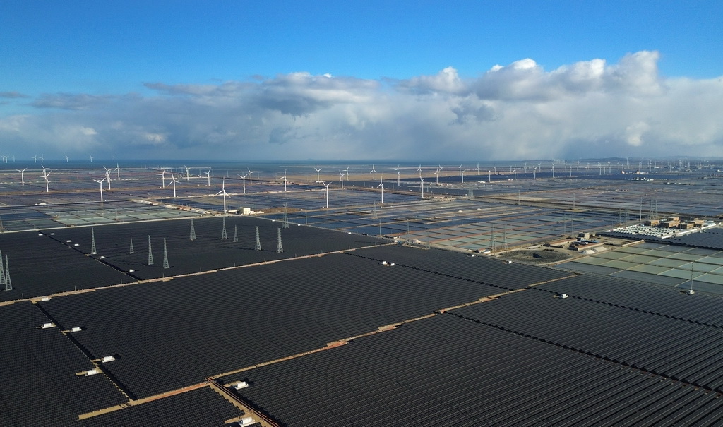 1月8日拍攝的位于山東省萊州市的中廣核萊州土山600兆瓦鹽光互補項目（無人機照片）。