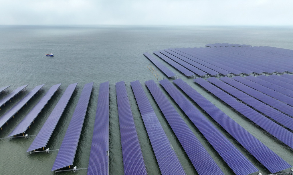 1月8日拍攝的位于山東省招遠市海域的海上光伏項目（無人機照片）。