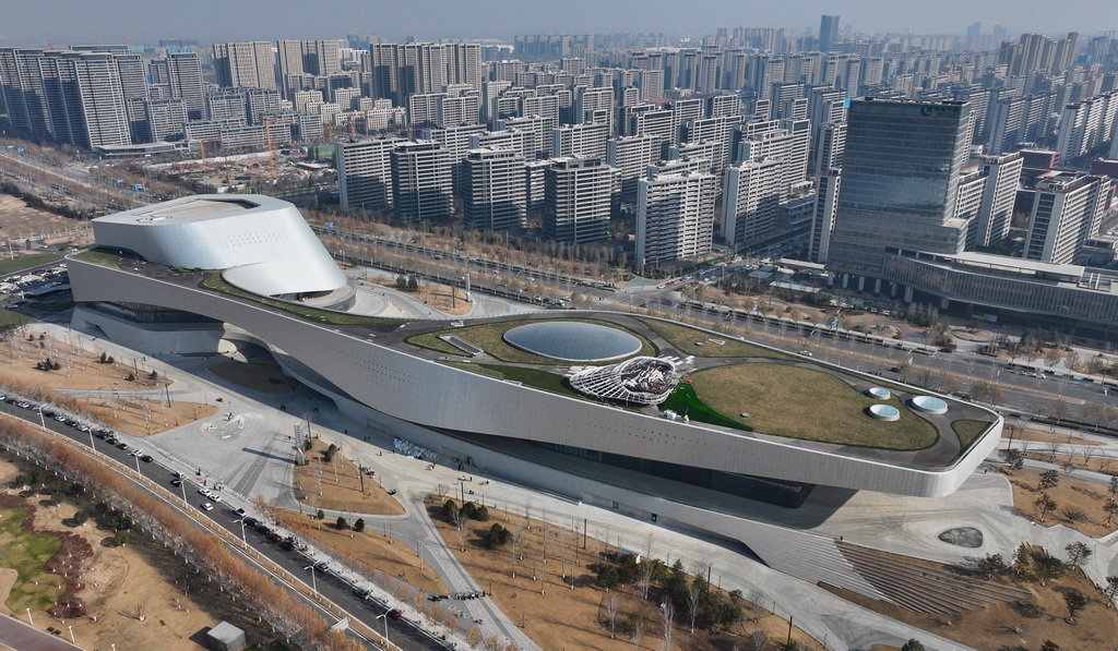 1月1日拍攝的新落成的長安云“一帶一路”城市展示體驗中心（無人機照片）。新華社記者 張博文 攝