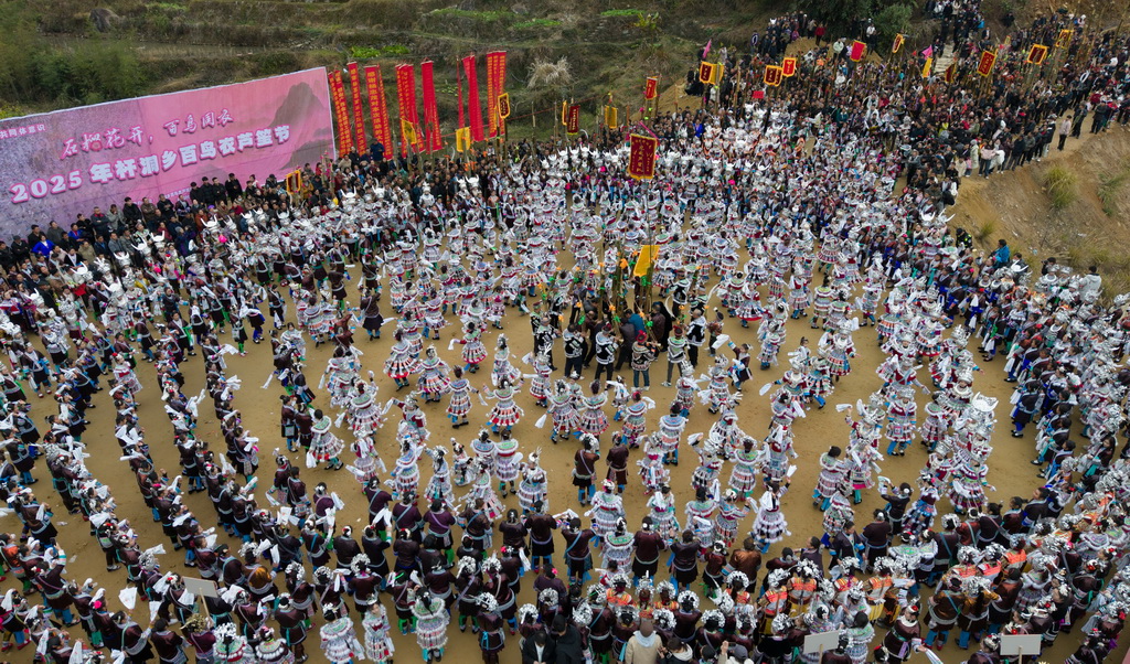 2月5日，在廣西融水苗族自治縣桿洞鄉百鳥衣蘆笙坡會上，各族群眾一起跳蘆笙踩堂舞（無人機照片）。新華社發（歐明熙 攝）