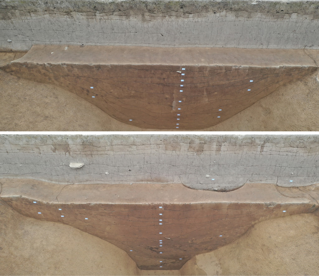 甘肅臨洮縣寺洼遺址南段東側“圍壕”解剖溝西壁剖面（上為外圈，下為中圈）（資料照片）。