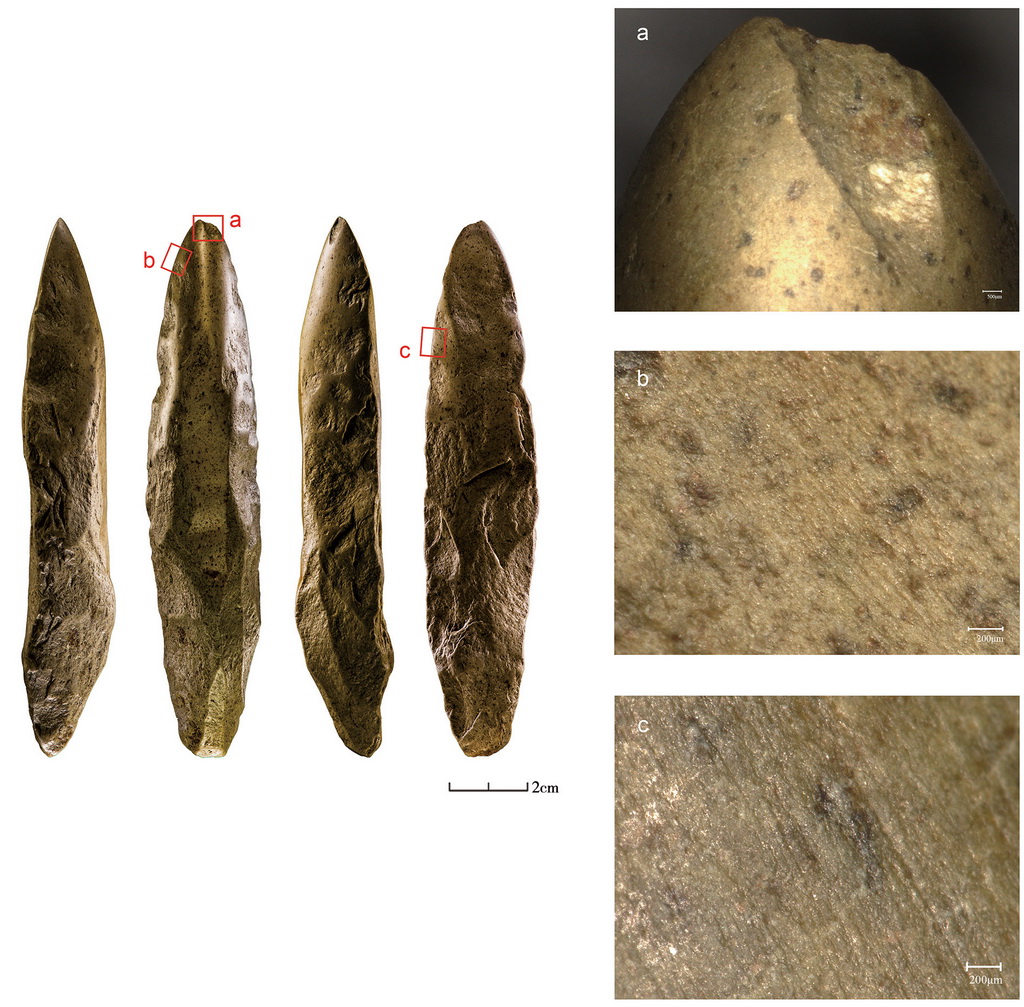 吉林和龍市大洞舊石器時代遺址第二階段出土的局部磨光石器(左)及其微痕特征（拼版照片，資料照片）。
