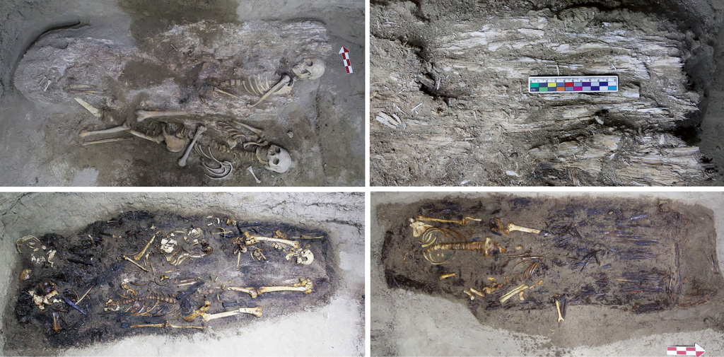 烏茲別克斯坦蒙扎鐵佩遺址M2葬具及細部（拼版照片，資料照片）。