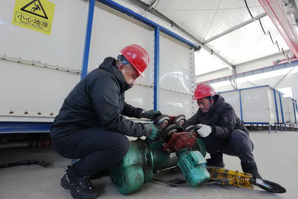 2月20日，在位于雙鴨山市的北大荒農業股份有限公司友誼分公司第五管理區水稻智能芽種基地，技術人員檢修智能浸種催芽設備。