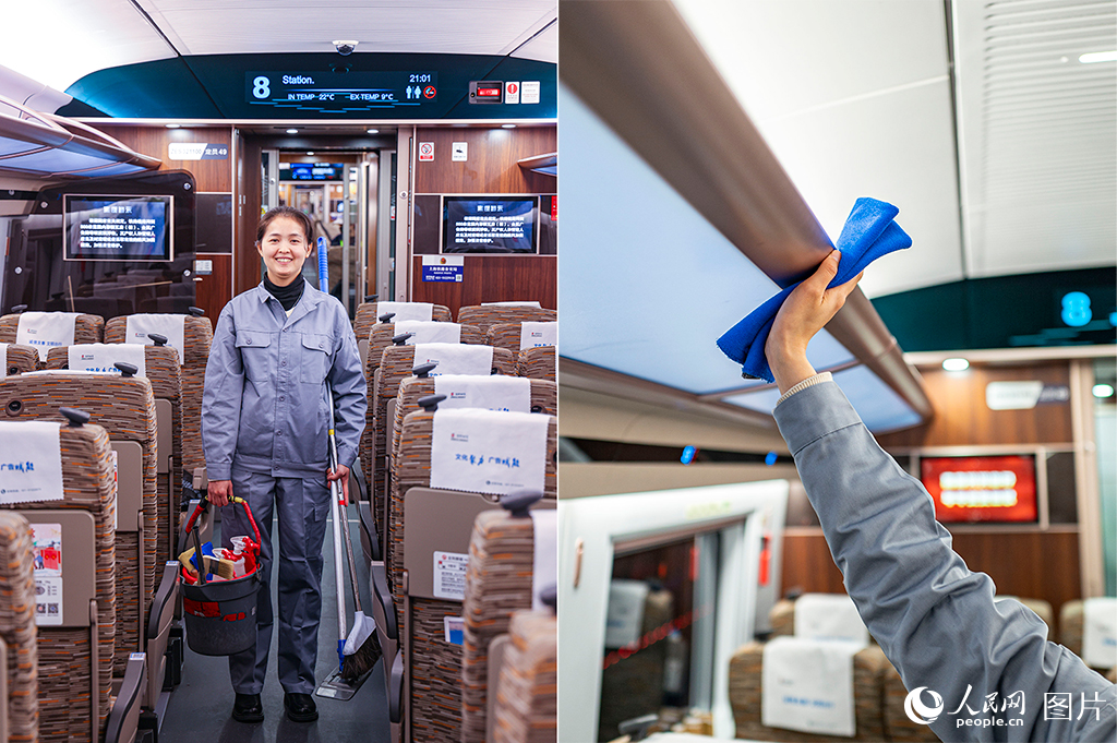 徐丹丹正在高鐵車廂內進行保潔作業。人民網記者 王初攝