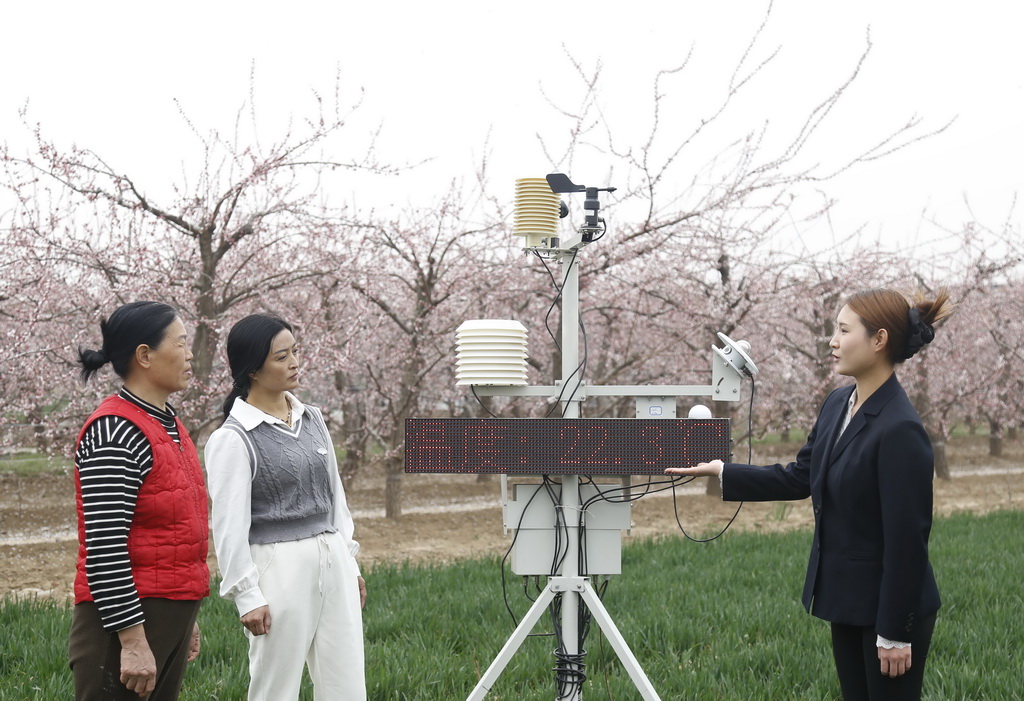 3月23日，河北省邢臺市南和區氣象局工作人員指導和陽鎮沙道村農民利用移動氣象站觀測氣象數據，助力智慧農業發展。新華社發（張馳 攝）