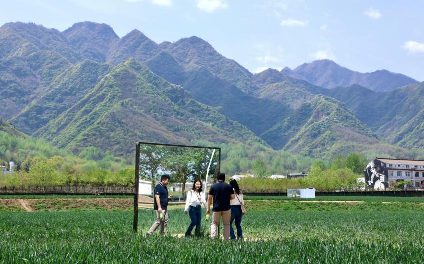 游客在西安市鄠邑區蔡家坡村田間拍照游玩。郝鐘毓攝