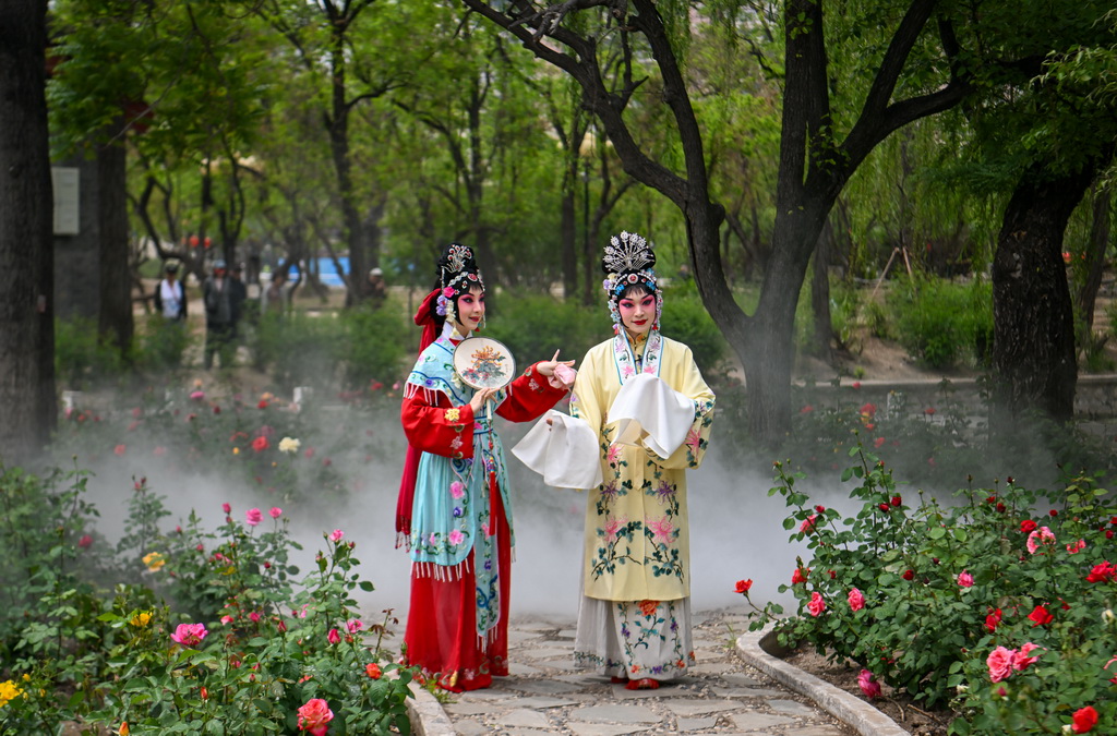 5月5日，演員在天津人民公園為觀眾表演京劇《西廂記》。