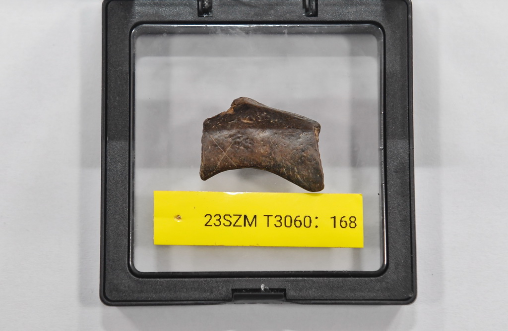 這是從四川資陽濛溪河遺址群出土的有X形劃痕的骨器（2023年12月5日攝）。新華社記者 劉坤 攝