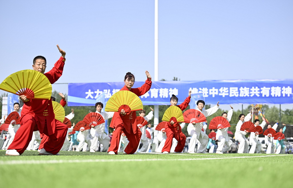6月10日，群眾在活動上參加百人功夫扇展演。