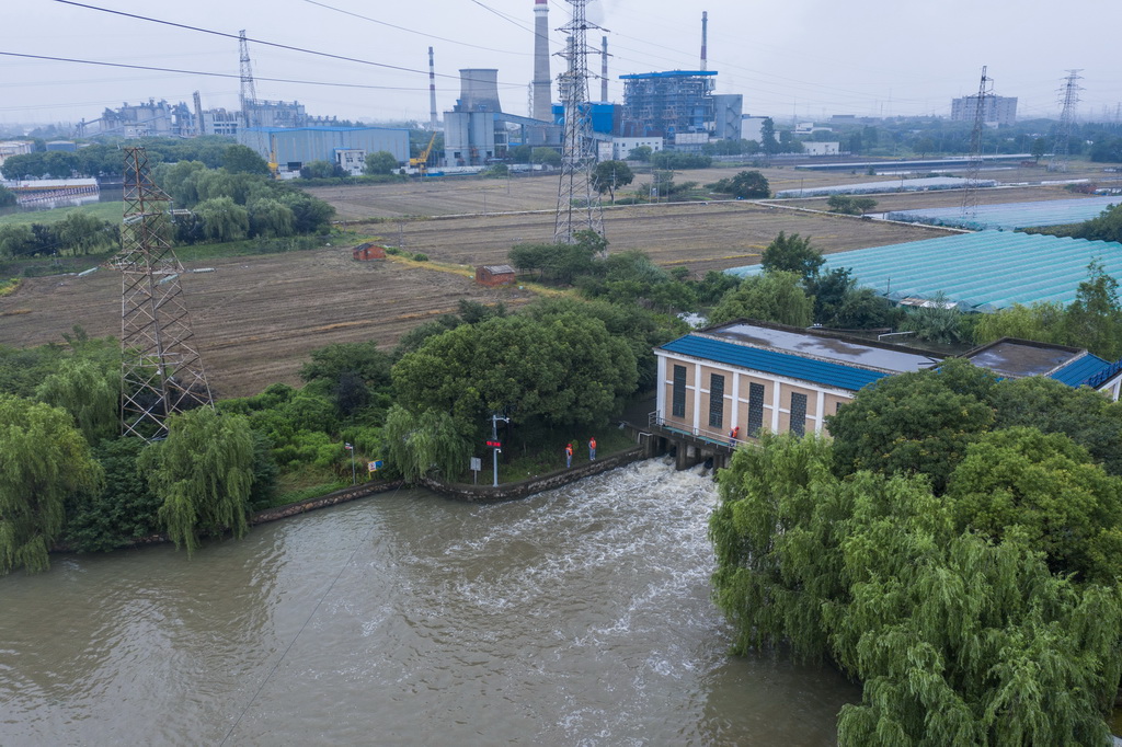 6月11日，嘉興市南湖區大橋鎮十八里圩區夏義港泵站在排澇（無人機照片）。