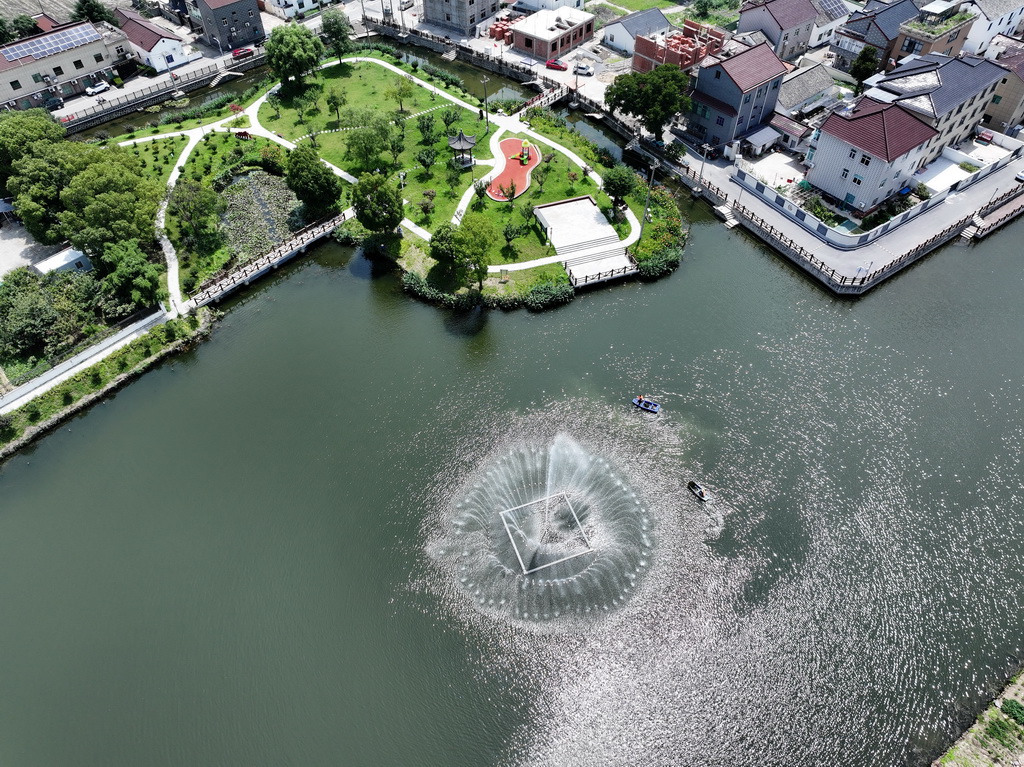 6月18日，長興縣李家巷鎮許家浜村田心島公園的河道內，黨員志愿者們乘船清理水面漂浮物（無人機照片）。
