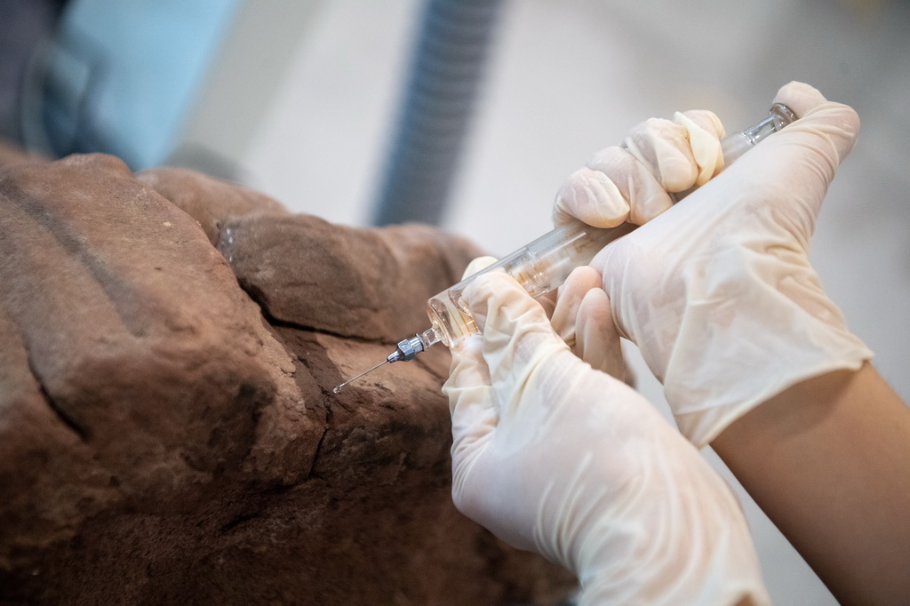 6月24日，在大足石刻文物醫院，工作人員對石質文物進行修復。