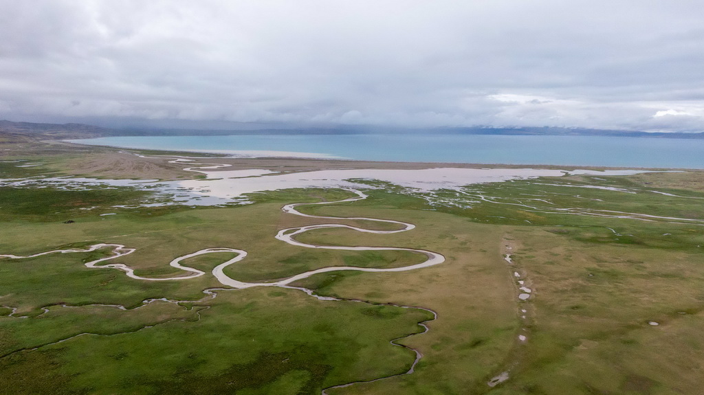 7月22日拍攝的瑪旁雍錯濕地一景（無人機照片）。