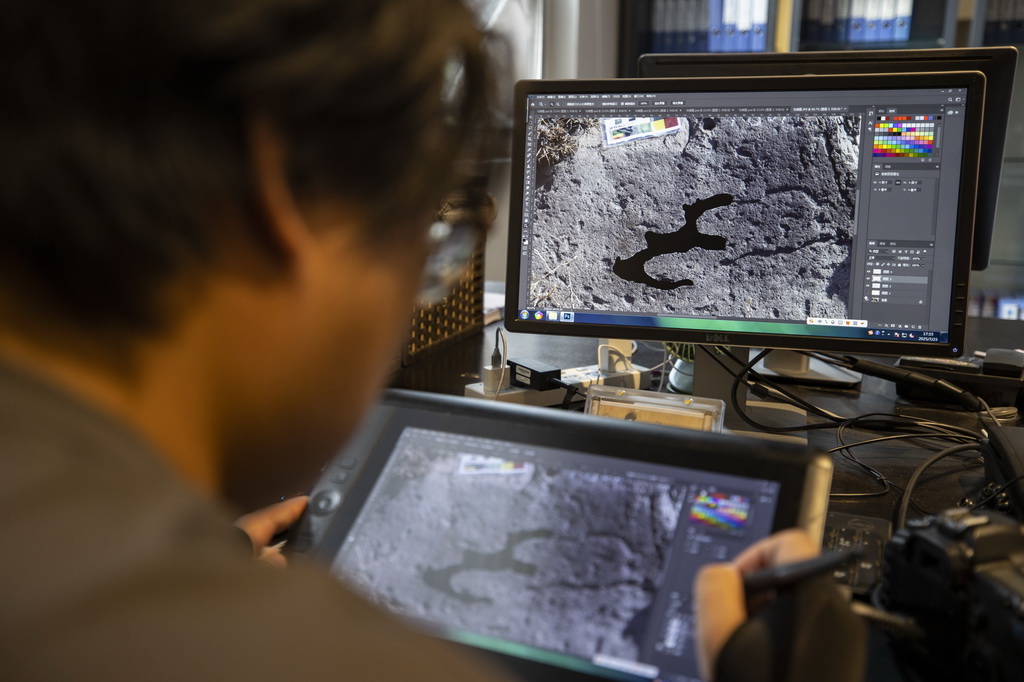 7月23日，工作人員在繪制巖畫電子線描圖。在巖畫普查工作中，巖畫電子線描圖是實景巖畫圖像數字化的一種輔助方式，使畫面清晰明確地呈現在巖畫信息資料庫中，便于日后查閱與研究工作。