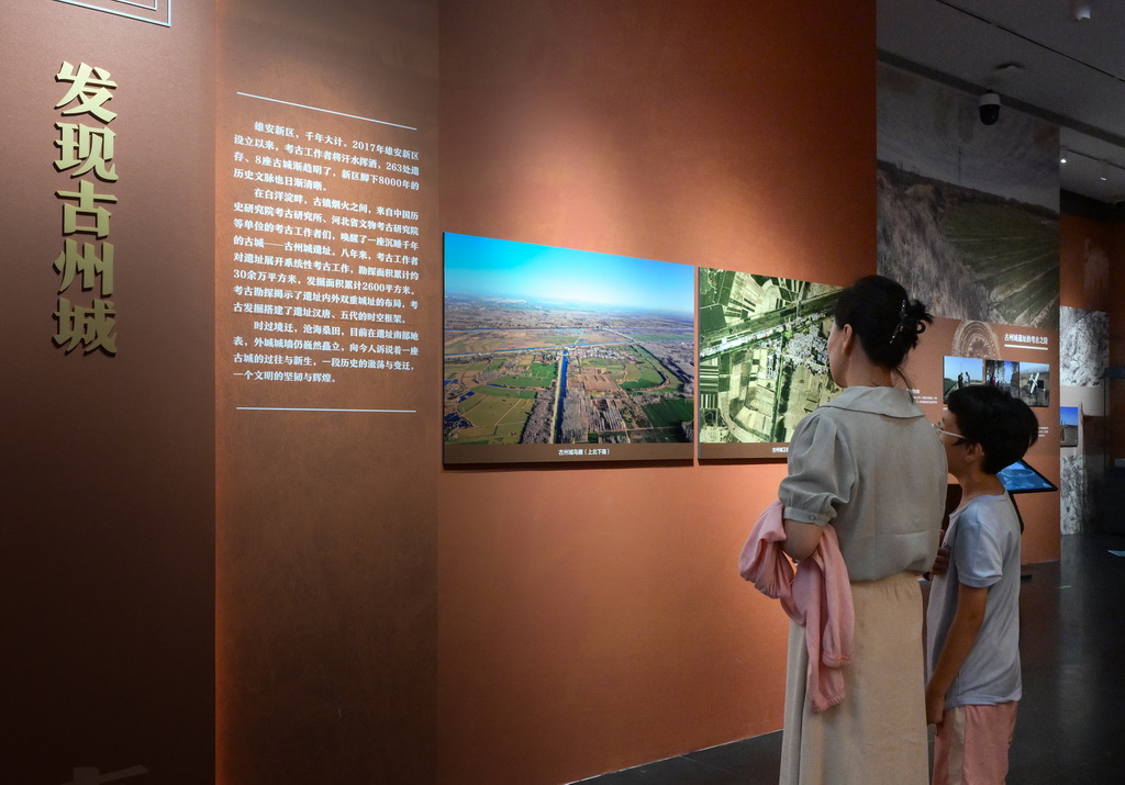 7月28日，一對母子在展廳觀展。