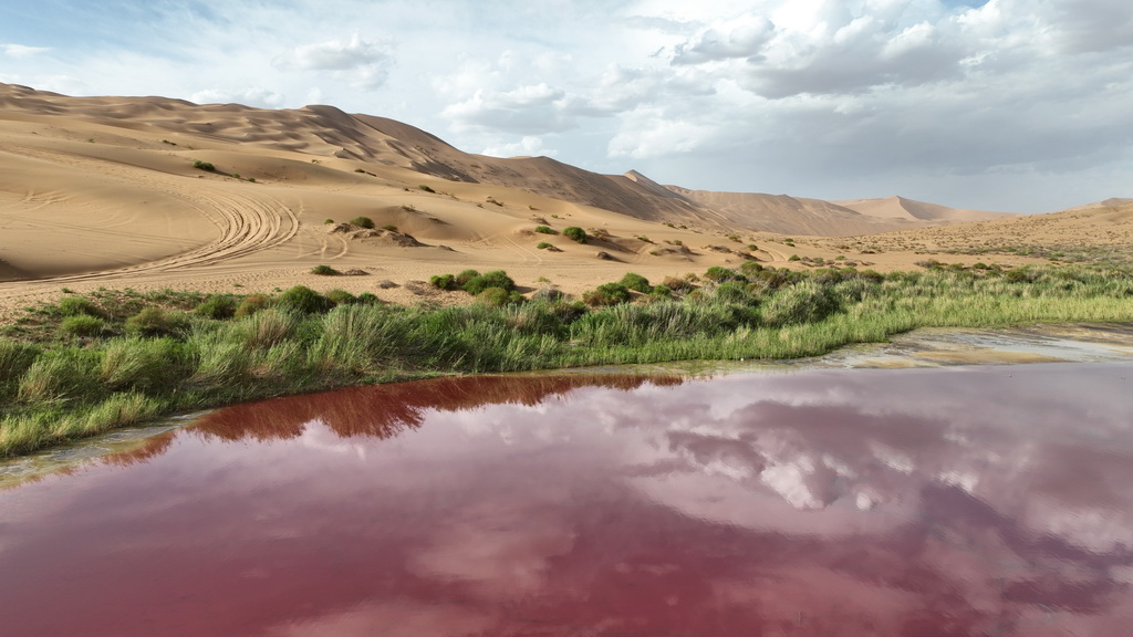 2024年7月30日在內蒙古阿拉善盟阿拉善右旗拍攝的巴丹吉林沙漠中的紅海子（無人機照片）。新華社記者 貝赫 攝