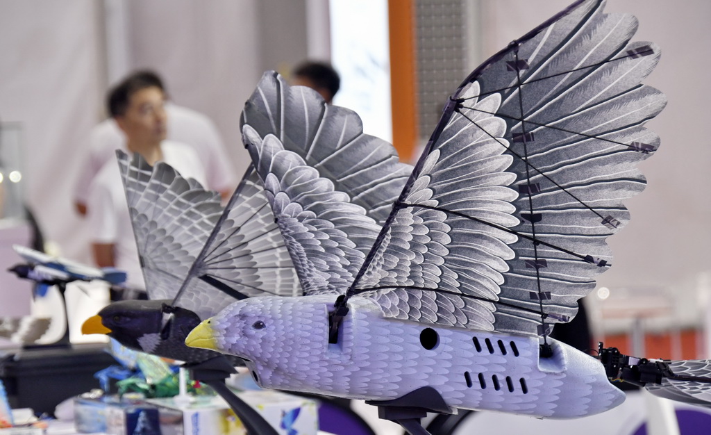 這是8月8日拍攝的2025世界機器人大會上展出的仿真飛禽。新華社記者 李欣 攝