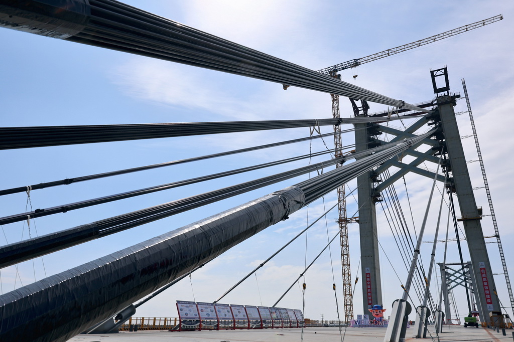 這是9月11日拍攝的嘉松公路越江新建工程主橋項目施工現場。