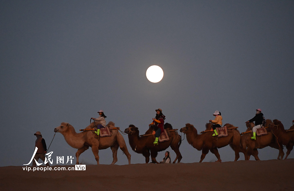 10月6日晚，游客在甘肅省敦煌市鳴沙山月牙泉景區騎駱駝賞明月。張曉亮攝（人民圖片網）