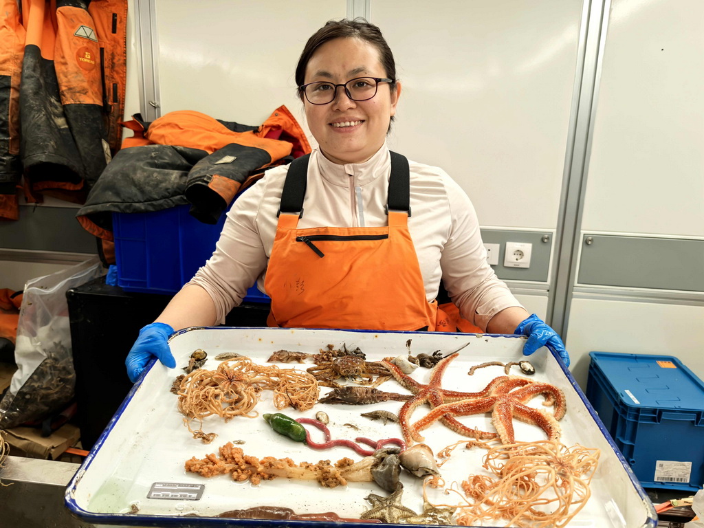 科考隊員黃雅琴展示北冰洋底棲生物樣品（2025年7月31日攝）。新華社記者 劉詩平 攝