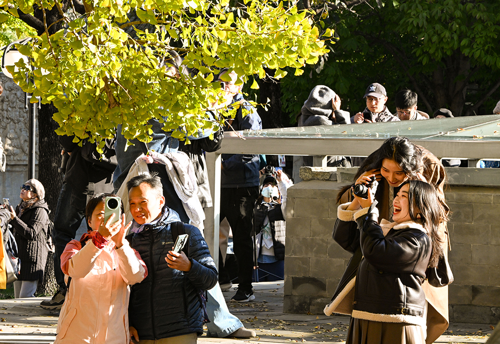 10月26日，游客在北京石刻藝術博物館拍照留影。 