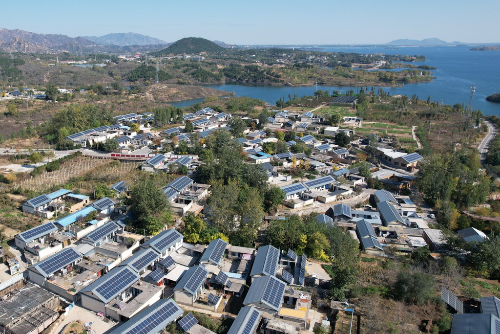 11月2日拍攝的河北省平山縣西柏坡鎮北莊村兆瓦級“光儲”智能微電網示范工程項目中的屋頂光伏發電板（無人機照片）。