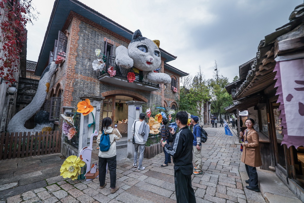11月5日，游客在濮院時尚古鎮的互聯網生活嘉年華觀看巨型萌寵裝置。