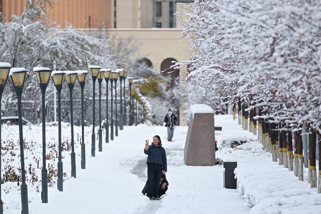 11月6日，人們在烏魯木齊市水磨溝區拍攝雪后街景。新華社記者 辛悅衛 攝
